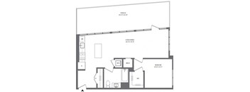 A floor plan of a house with a terrace, living/dining area, and bedroom.