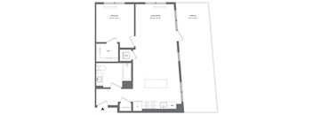 A black and white floor plan of a house with a bedroom, living room, and terrace.
