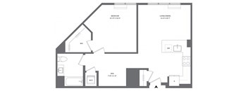 A floor plan of a house with a living room, dining room, and two bedrooms.