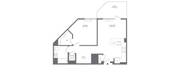 A floor plan of a house with a terrace, bedroom, living/dining area, den, and a workspace.