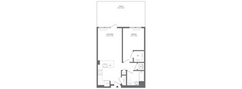 A floor plan of a small apartment with a living room, bedroom, and a WC.