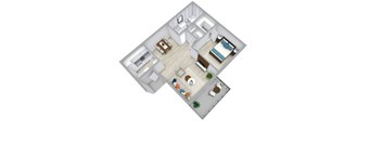 A top-down view of a modern apartment with a living room, kitchen, and bedroom.