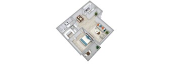 A top-down view of a modern living room with a sofa, coffee table, and a dining area.