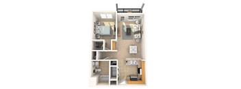 A top-down view of a small apartment with a bedroom, bathroom, kitchen, and living room.
