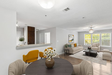 Apartments in Briarcliff Georgia for Rent – One K Apartments - living room and dining room with a table and chairs