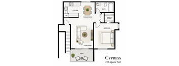 A floor plan of a 735 square foot home with a living room, dining room, kitchen, bath, bedroom, and deck.