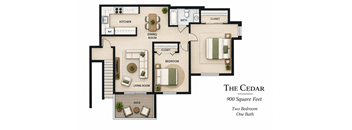 A floor plan of a 900 square feet home with two bedrooms and one bath.