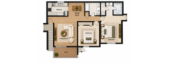 A floor plan of a house showing a kitchen, dining room, living room, two bedrooms, and a deck.