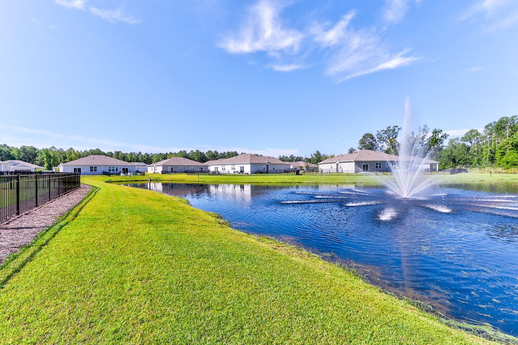 a fountain in the pond with houses in the background