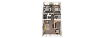 3D floorplan of a two-bedroom, one-and-a-half-bathroom apartment at Coronado Springs Apartments in Palm Springs, Florida.