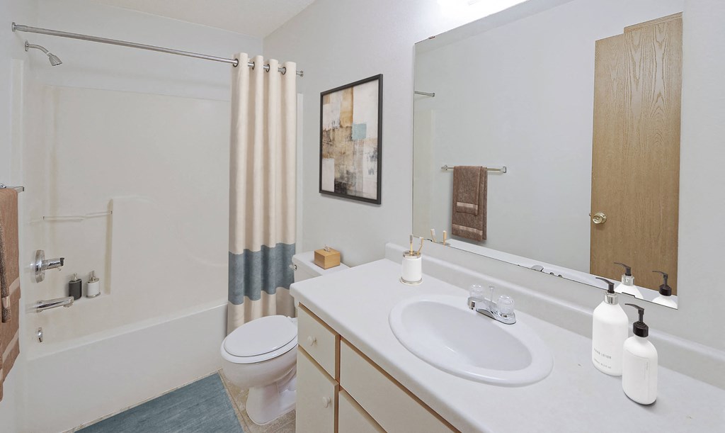 A bathroom with a toilet, sink, and shower.