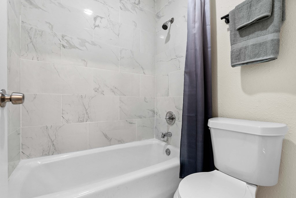 a bathroom with a toilet and a bath tub and a shower curtain