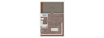 A floor plan of a room with a bedroom, bathroom, and living/dining/kitchen area.