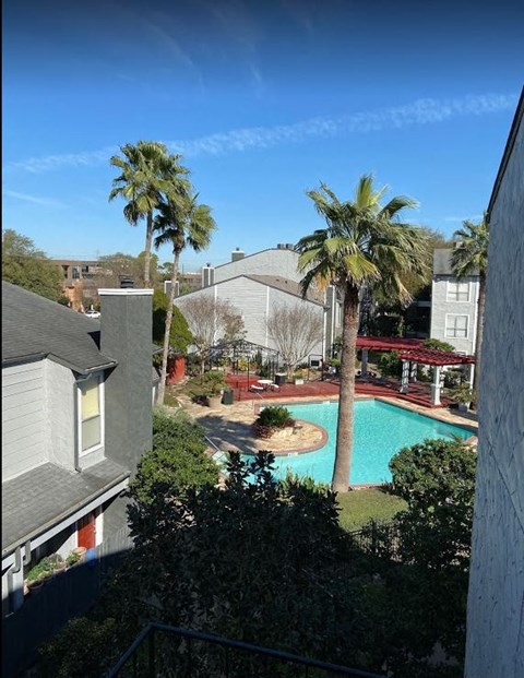 A pool surrounded by palm trees and a red roof.