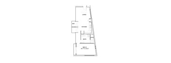 A drawing of a floor plan of a room with a living area, kitchen, and bathroom.