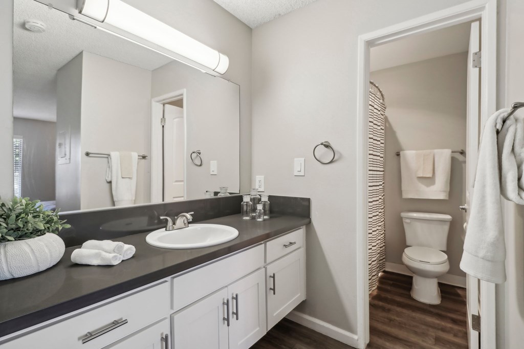 A bathroom with a white sink and a toilet.