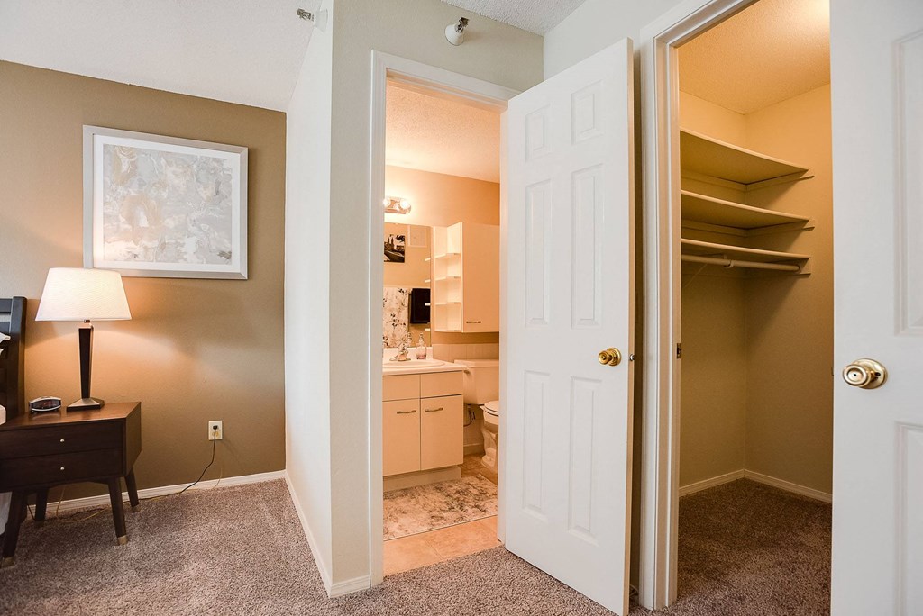 a bedroom with a closet and a bathroom