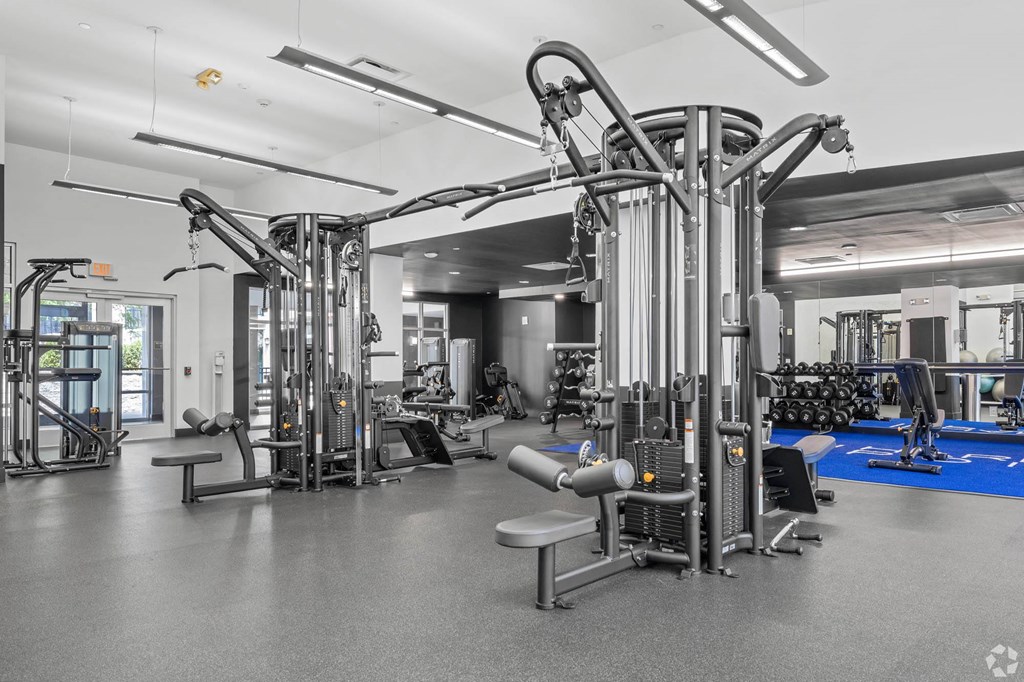 a gym with weights machines and other equipment in a hall