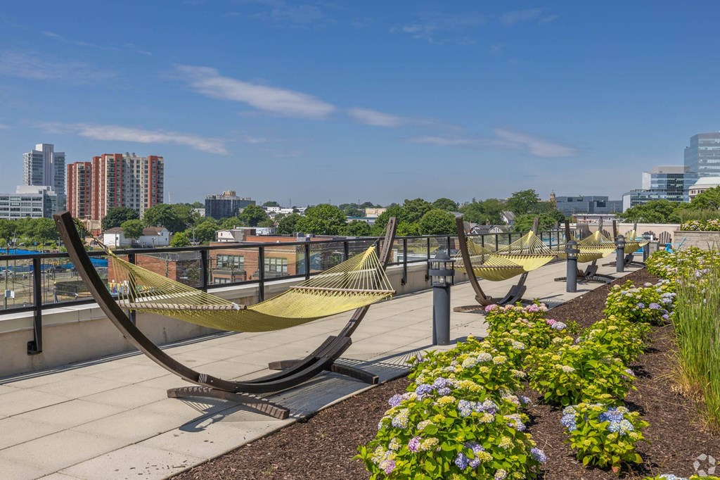 a row of hammocks on a rooftop overlooking the city