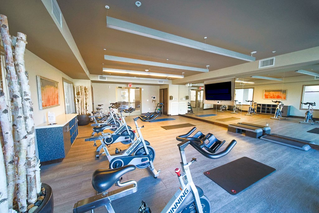 Modern gym with spinning bikes, yoga mats, and mirrored wall.