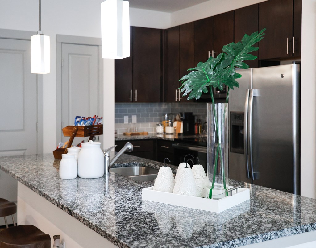 Modern kitchen with granite countertops, dark wood cabinets, stainless steel appliances, and decorative white accents.