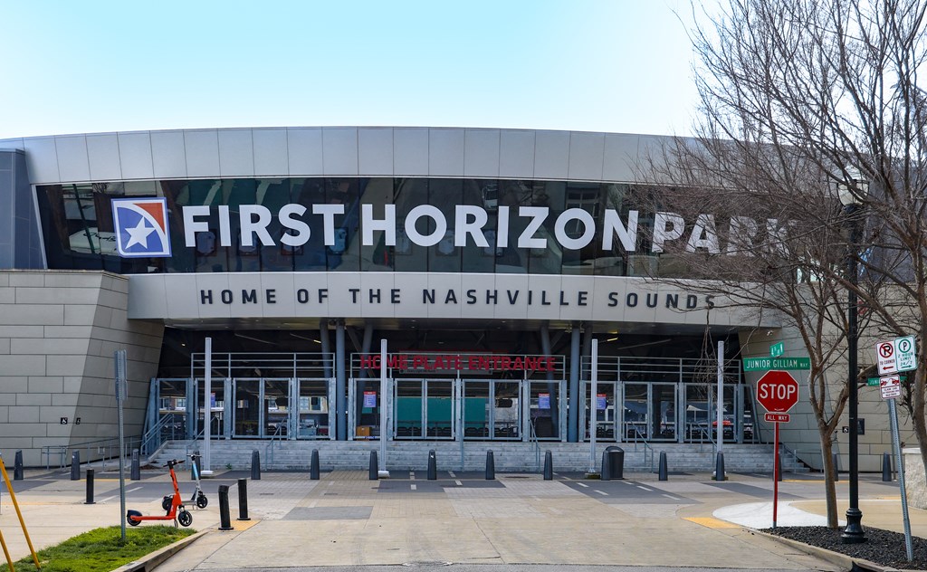 First Horizon Park, home of the Nashville Sounds baseball team, with entrance gates and signage.