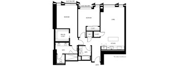 a floor plan of a two bedroom unit with a kitchenette and a living room