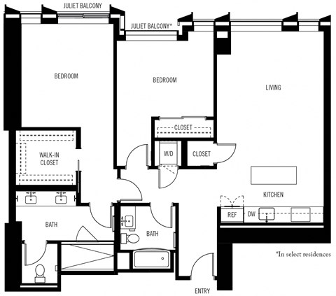 a floor plan of a two bedroom unit with a kitchenette and a living room