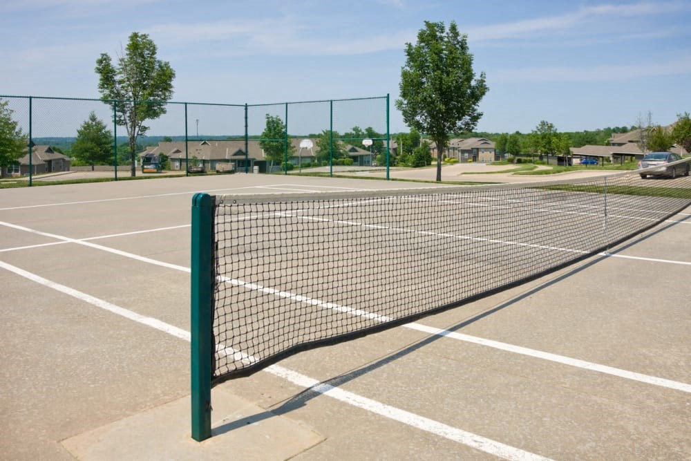 a tennis court with trees in the background