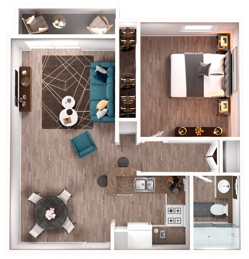 1 Bed 1 Bath 592 square feet floor plan