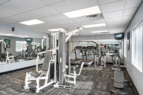 A gym with a variety of equipment including a squat rack, bench press, and leg press.