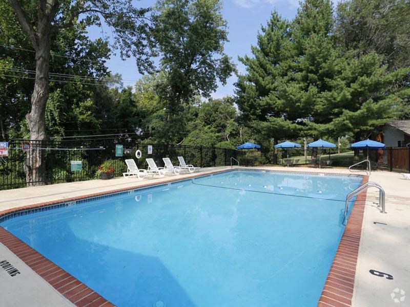 a large swimming pool with lounge chairs and umbrellas
