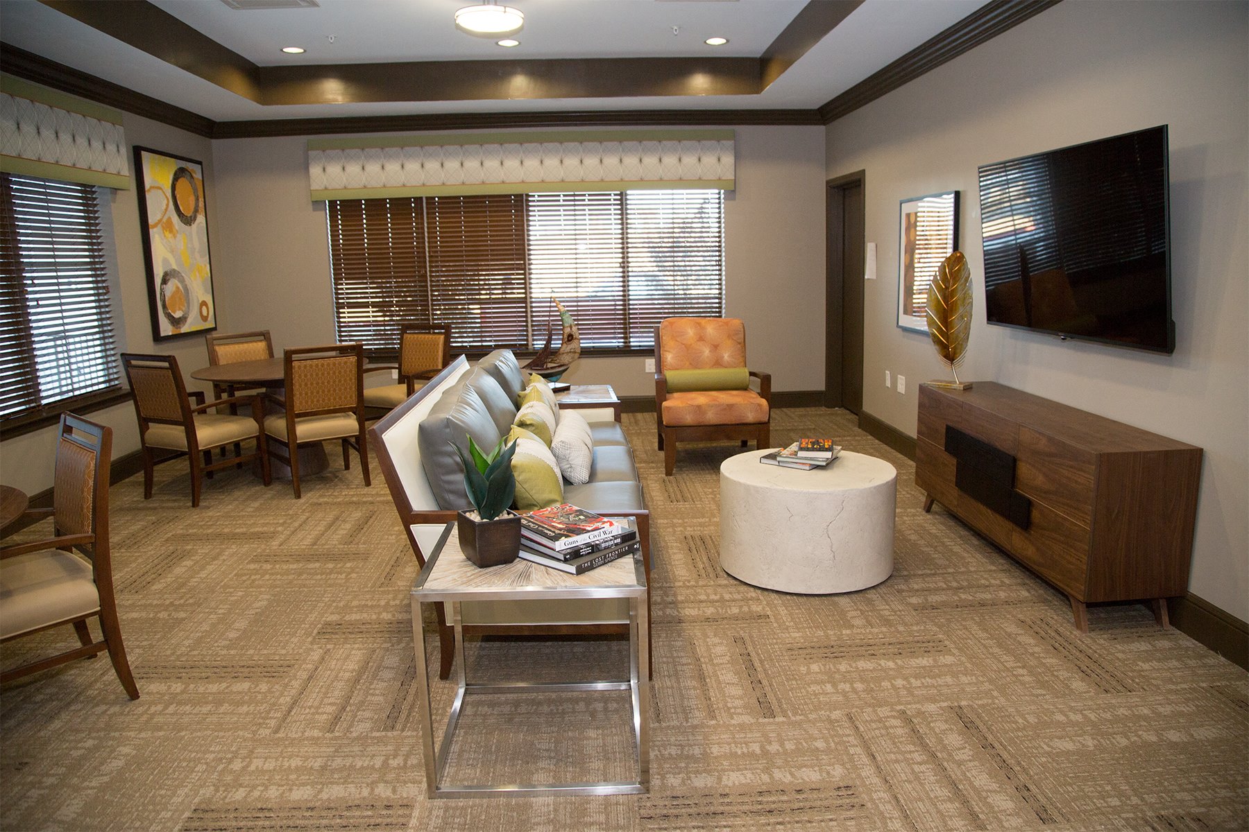 a living room with a couch and chairs and a television