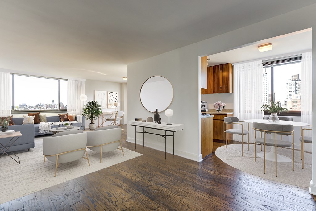 Apartments in Upper East Side - Open-Concept Living and Dining Room with Hardwood Flooring, Large Windows, and Modern Decor