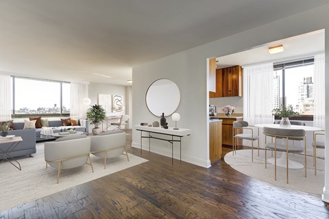 Apartments in Upper East Side - Open-Concept Living and Dining Room with Hardwood Flooring, Large Windows, and Modern Decor
