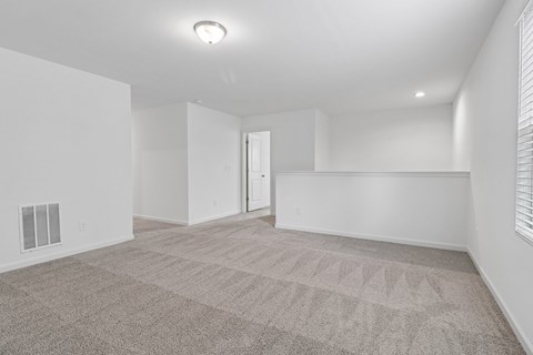 A spacious room with a carpeted floor and a door in the background.