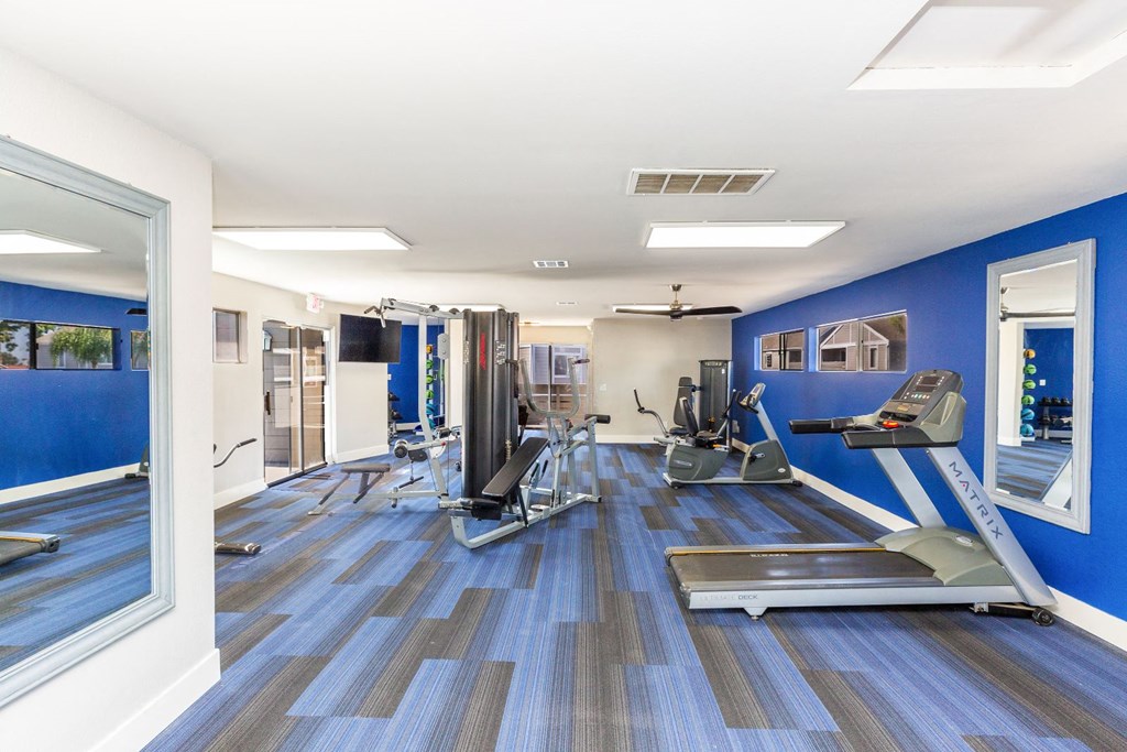 a gym with cardio equipment and a blue wall
