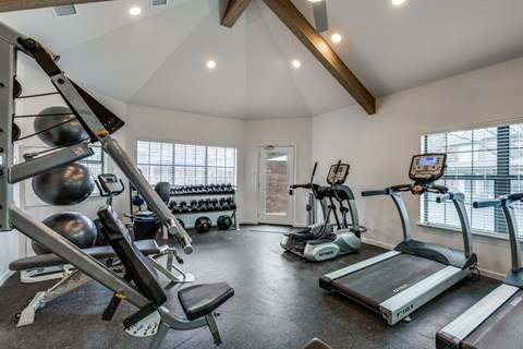 A well-equipped home gym with a variety of exercise machines.