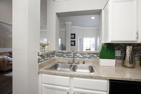 A kitchen with a sink and a counter.