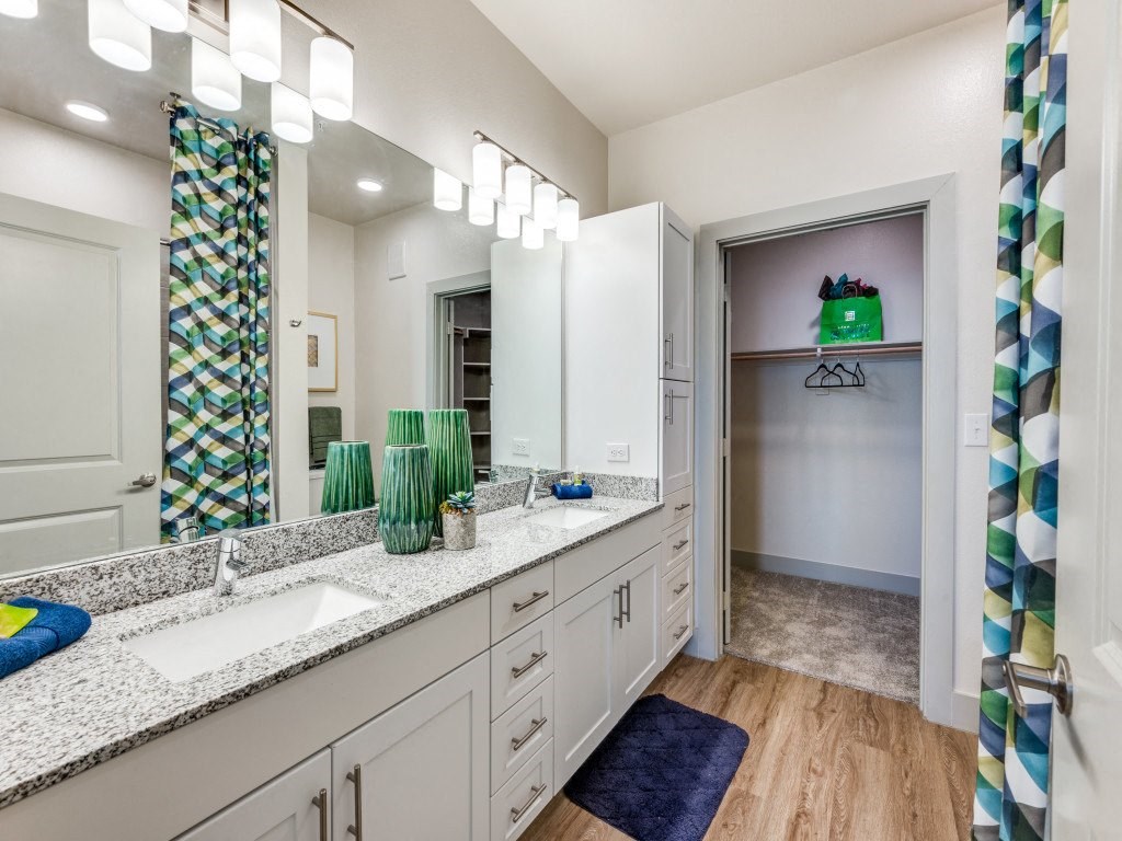 a bathroom with a sink and a mirror and a closet