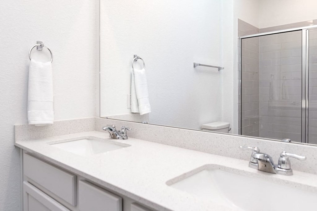 a bathroom with two sinks and a mirror