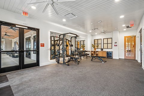A gym with a variety of equipment including a squat rack, bench press, and a barbell.