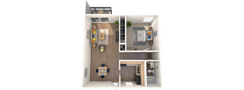 A 3D rendered image of a modern apartment layout.