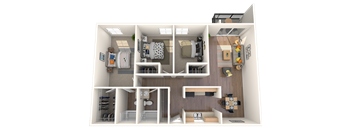 A 3D floor plan of a small apartment with a kitchen, living room, and bathroom.