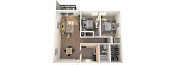 A 3D floor plan of a small apartment with a kitchen, living room, and bedroom.