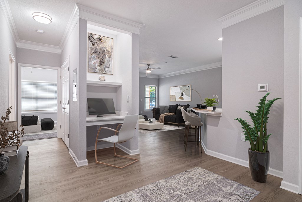 Large floor plan featuring a built-in desk at The Asher at Sugarloaf, a pet-friendly community in Lawrenceville, GA, near Duluth.