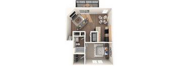a stylized floor plan of a 1 bedroom apartment