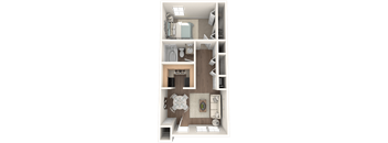 a stylized floor plan of a 1 bedroom apartment
