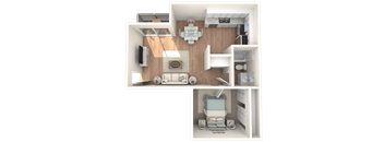a stylized floor plan of a 1 bedroom apartment