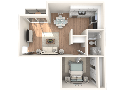 a stylized floor plan of a 1 bedroom apartment